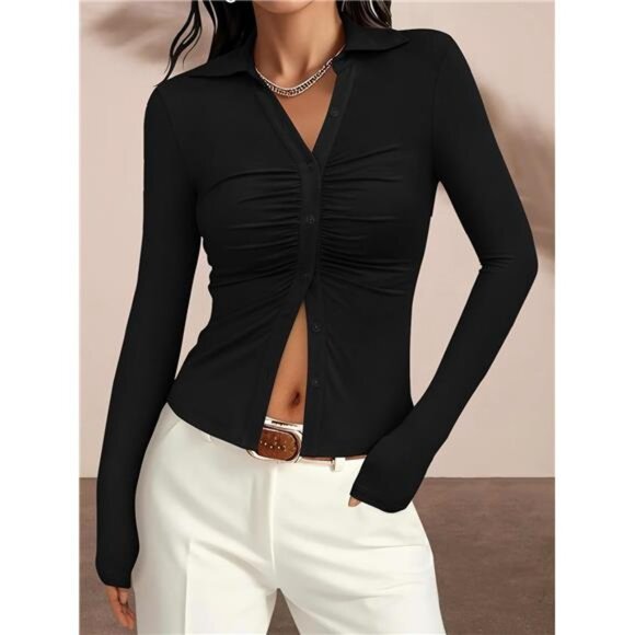 Womens Button Down Shirts V Neck Slim Fit Black - Picture 3 of 5